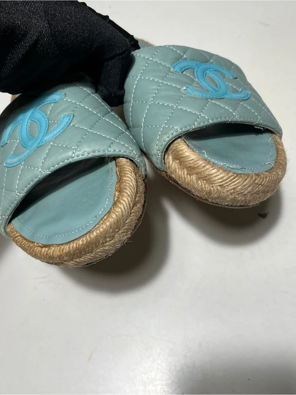 CHANEL Quilted Slide Sandals in Aqua and Rope